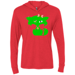 Fly Kitten Ladies Ventange Red T-Shirt Hooded with Lime Green Kitten and Medallion on Back