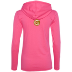Fly Kitten Hot Pink Ladies T-Shirt Hoodie with Lime Green Kitten and Medallion on Back
