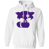 Fly Kat White Pullover Hoodie with Purple Kat and Medallion on Back