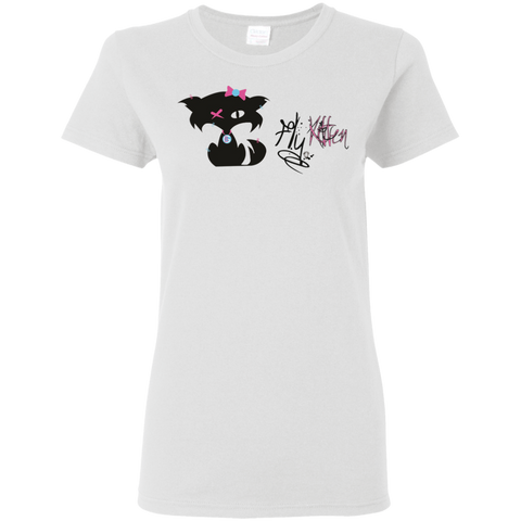 Fly Kitten Signature  White T-Shirt With Black Kitten and Medallion on Back