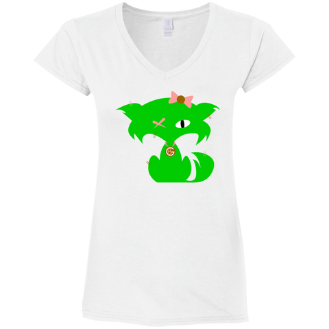 Fly Kitten Stop Bullying White V-Neck T-Shirt With Lime Green Kitten