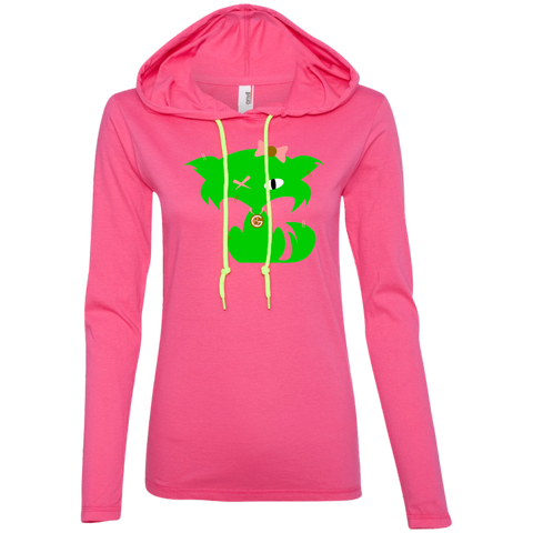 Fly Kitten Hot Pink Ladies T-Shirt Hoodie with Lime Green Kitten and Medallion on Back