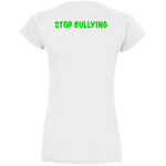 Fly Kitten Stop Bullying White V-Neck T-Shirt With Lime Green Kitten