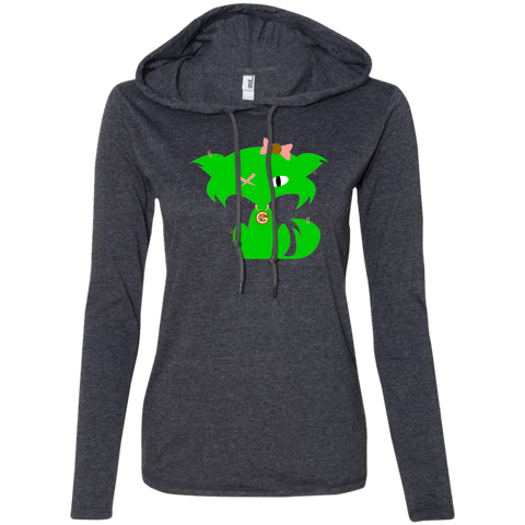 Fly Kitten Heather Dark Grey Drawstring T-Shirt Hoodie with Lime Green Kitten and Medallion on Back